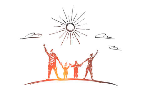 Vector hand drawn family concept sketch with pencil over it. Happy man, woman and two children standing and holding each other with raised hands under the Sunのイラスト素材