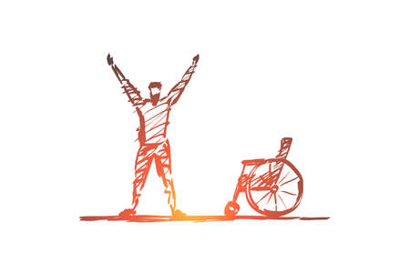 Vector hand drawn healing concept sketch. Happy man standing under the Sun and holding needless...