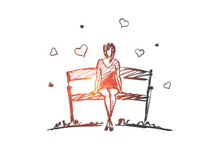Vector hand drawn girl hearts concept sketch with pencil over it. Young girl in love sitting on benchのイラスト素材