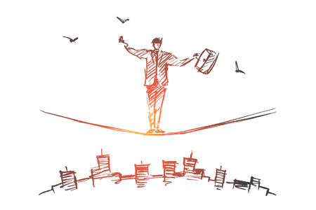 Vector hand drawn business concept sketch and pencil over it. Bisinessman standing and balancing on rope over big cityのイラスト素材