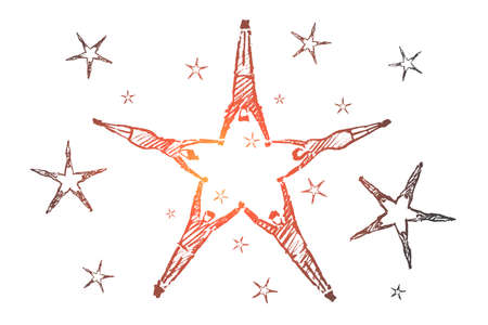 Vector hand drawn teamwork concept sketch and pencil over it. People lying on floor and forming stars with their raised handsのイラスト素材