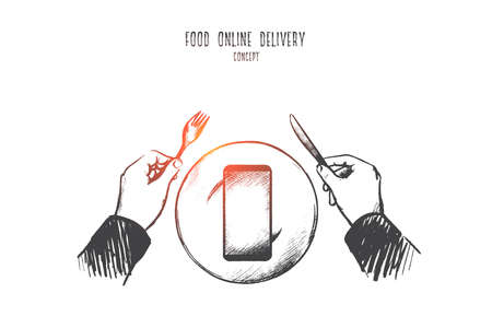 Food online delivery concept. Hand drawn person are going to order dinner in online service. Mobile phone on plate instead of food isolated vector illustration.のイラスト素材