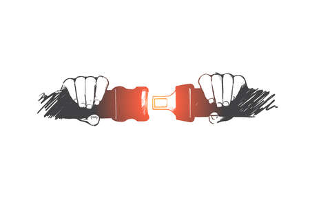Safe driving concept. Hand drawn person fastening seat belt in car. Protection of passenger in...