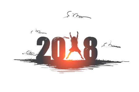 Happy new years concept. Hand drawn silhouette woman jumping and figures 2018 near. Happily celebrating new year isolated vector illustration.のイラスト素材