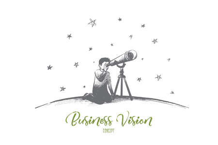 Business vision concept. Hand drawn looking for success via telescope monocular. Businessman searching for new idea isolated vector illustration.のイラスト素材
