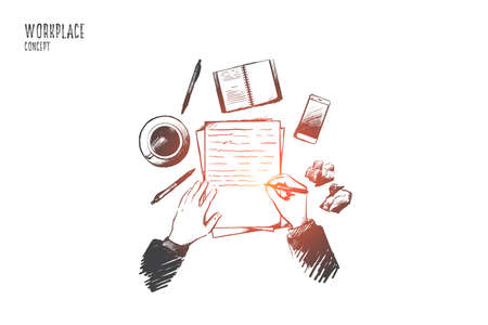 Workplace concept. Hand drawn top view of person writing in notepad placed on table. Desktop with a coffee cup, smartphone and other supplies isolated vector illustration.のイラスト素材