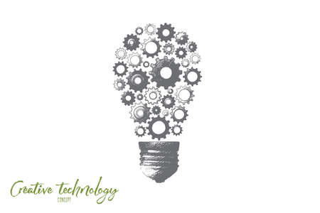 Creative technology concept. Hand drawn electric bulb with gear wheels as symbol of creative idea. Production of ideas isolated vector illustration.のイラスト素材