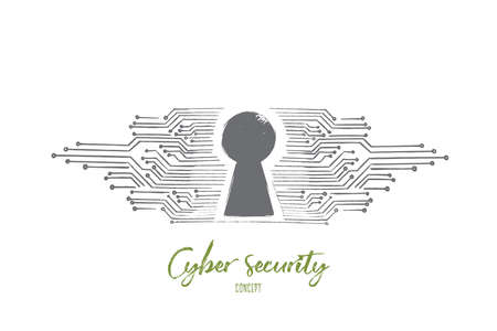 Cyber security concept. Hand drawn digital keyhole as symbol of cyber security. Safety in internet technology isolated vector illustration.のイラスト素材