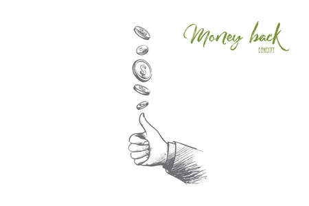 Money back concept. Hand drawn coins flying and gesture means perfect. Service for clients isolated vector illustration.のイラスト素材