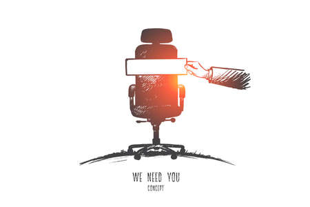 We need you concept. Hand drawn workplace for a new employee. Recruitment sign isolated vector illustration.のイラスト素材