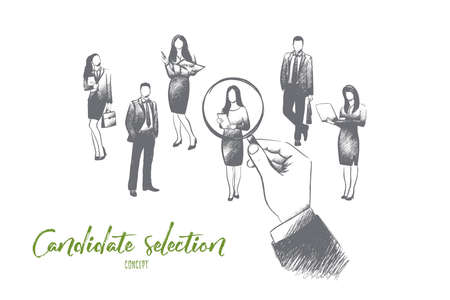 Candidate selection concept. Hand drawn huge hand pointing at one of candidates for job. Concept of recruiting isolated vector illustration.のイラスト素材