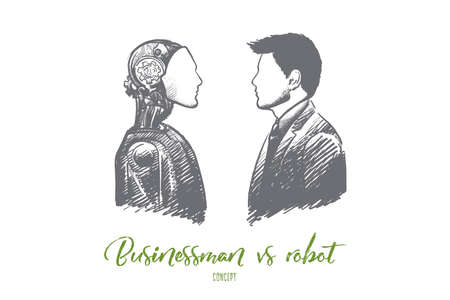 Businessman vs robot concept. Hand drawn modern technologies replace real persons. Robotics industry isolated vector illustration.のイラスト素材