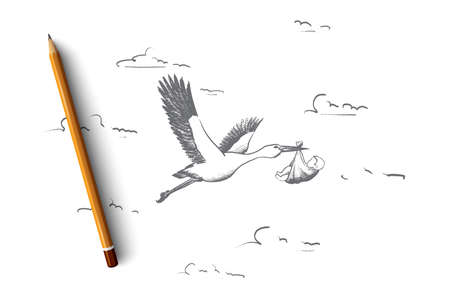 Pregnancy concept, hand drawn stork in flight delivering a newborn baby. Symbol of newborn child isolated vector illustration.のイラスト素材