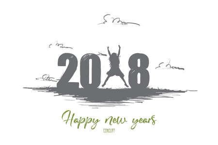 Happy new years concept. Hand drawn silhouette woman jumping and figures 2018 near. Happily celebrating new year isolated vector illustration.のイラスト素材