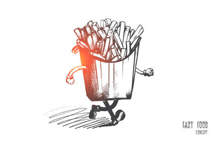 Fast food concept. Hand drawn french fries in a paper wrapper with hands and legs. Fried potatoes isolated vector illustration.のイラスト素材