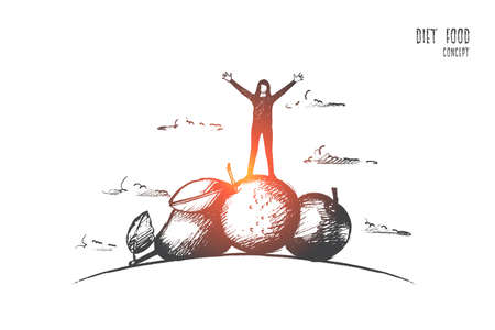 Diet food concept. Hand drawn woman standing on pile of fruits and vegetables. Diet nutrition products isolated vector illustration.のイラスト素材