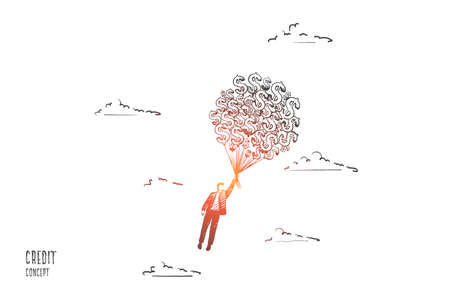 Credit concept. Hand drawn person fly with a lot of money. Opportunities through credit isolated vector illustration.のイラスト素材