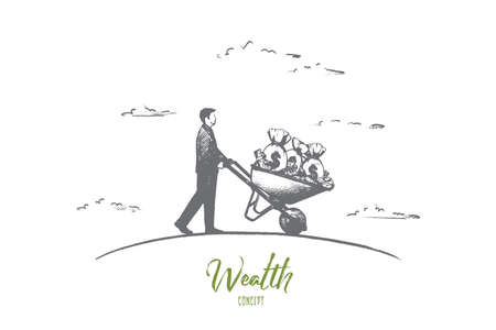 Wealth concept. Hand drawn person with a lot of money in wheelbarrow. Happy successful man isolated vector illustration.のイラスト素材