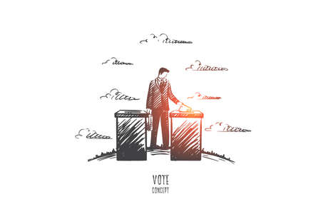 Vote concept. Hand drawn person voting. Process of elections isolated vector illustration.のイラスト素材