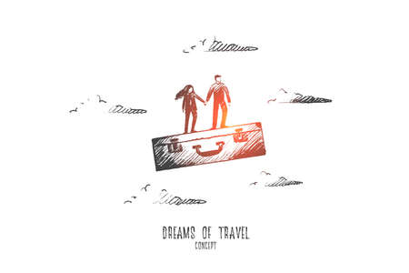 Dreams of travel concept. Hand drawn man and woman on suitcase dreaming about travel. Happy couple waiting for vacation isolated vector illustration.のイラスト素材