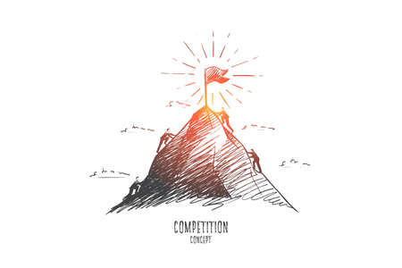 Competition concept. Hand drawn businessmen climbing on mountain. Competition between businessmen isolated vector illustration.のイラスト素材