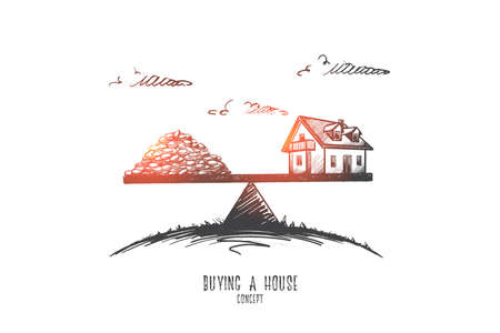 Buying a house concept. Hand drawn the house is worth a lot of money. Investment in real estate isolated vector illustration.のイラスト素材