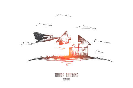 House building concept in a hand drawn superhero building a house.のイラスト素材