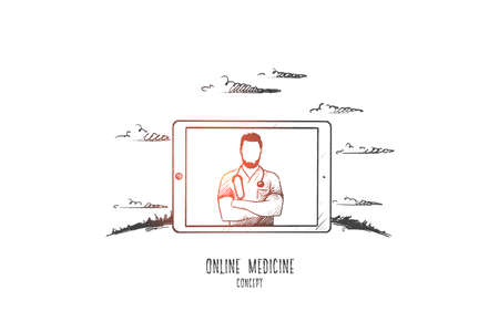 Online medicine concept. Hand drawn doctor with stethoscope on tablets monitor. Online diagnosis of the disease isolated vector illustration.のイラスト素材