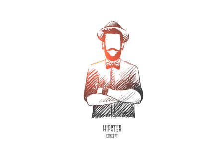 Hipster concept. Hand drawn man in hipster style. Male person with beard and hat isolated vector illustration.のイラスト素材