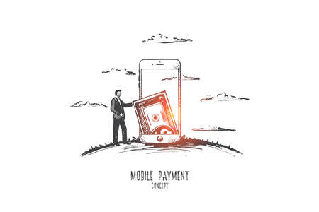 Mobile payment concept. Hand drawn mobile phone with dollar. Man buying with smartphone isolated vector illustration.のイラスト素材