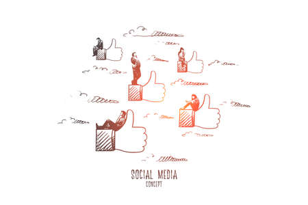 Social media concept. Hand drawn symbols of likes and persons on them. Communication through internet isolated vector illustration.のイラスト素材
