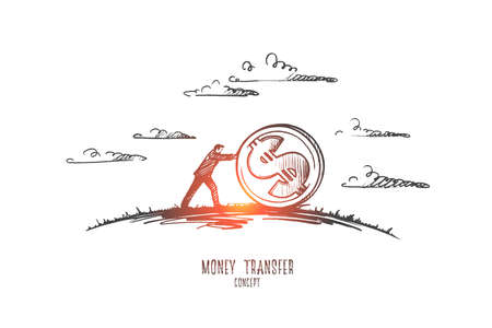 Money transfer concept. Hand drawn man pushing coin of dollar. Financial exchange isolated vector illustration.のイラスト素材