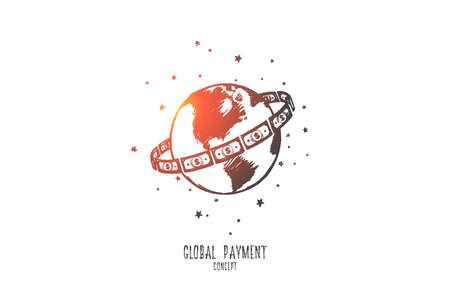 Global payment concept. Hand drawn cash banknotes around the world. Worldwide payment isolated vector illustration.のイラスト素材