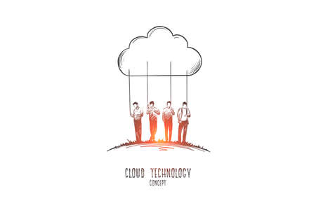 Cloud technology concept. Hand drawn people using networking and internet service. People connecting through virtual cloud isolated vector illustration.のイラスト素材
