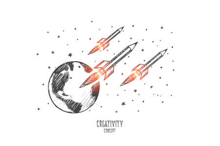 Creative team concept. Hand drawn rockets flying in cosmos. Rockets as symbol of fantasy flight isolated vector illustration.のイラスト素材