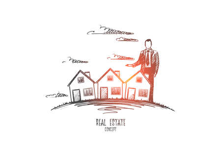Real estate concept. Hand drawn man near houses. Modern apartments isolated vector illustration.のイラスト素材