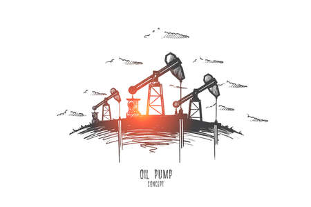 Oil pump concept. Hand drawn oil pumps in process of work. Oil industry equipment isolated vector illustration.のイラスト素材