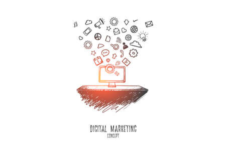 Digital marketing concept. Hand drawn business innovation technology set application icons. Digital marketing media technology isolated vector illustration.のイラスト素材