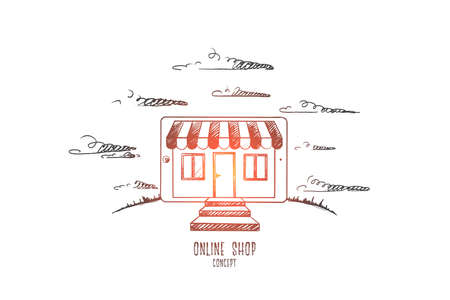 Online shop concept. Hand drawn shop on tablet screen. Online shopping with modern device isolated vector illustration.のイラスト素材