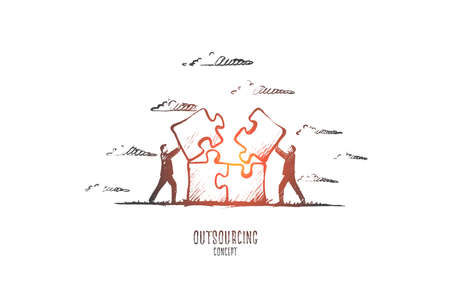 Outsourcing concept. Hand drawn people working at outsource. Persons working together collecting puzzle isolated vector illustration.のイラスト素材