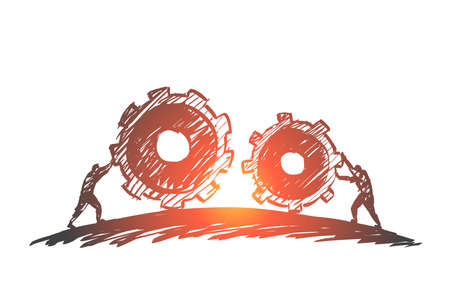 Vector hand drawn work concept sketch with people pulling huge cogwheels towards each otherのイラスト素材