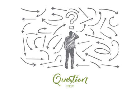 Question concept, Hand drawn man near a wall with questions vector illustrationのイラスト素材