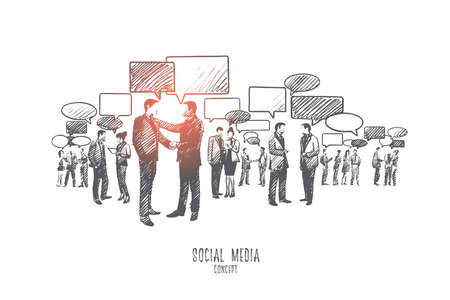 Social media concept with Hand drawn group of people communicating through internet vector illustrationのイラスト素材