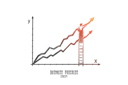 Business progress concept. Hand drawn business man making schedule grew up. Axis x and y and growing schedule isolated vector illustration.のイラスト素材