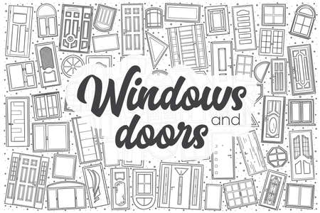 Hand drawn windows and doors doodle set. Lettering - Windows and doorsのイラスト素材