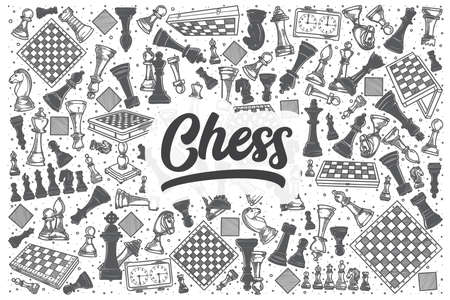 Hand drawn chess doodle set. Lettering - Chessのイラスト素材