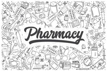 Hand drawn pharmacy doodle set. Lettering - Pharmacyのイラスト素材