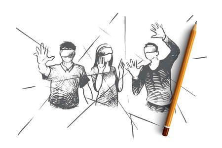Virtual reality concept. Hand drawn people wearing virtual reality headsets and playing. Persons with virtual reality simulators isolated vector illustration.のイラスト素材