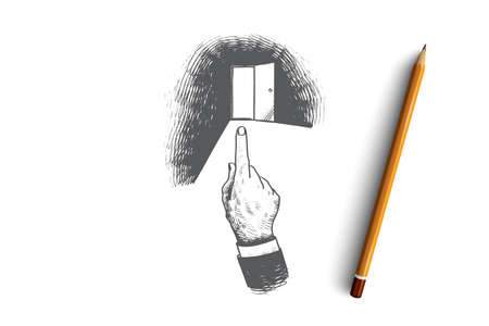 Dismissal concept. Hand drawn finger pointing at the door. Dismissal of employee isolated vector illustration.のイラスト素材