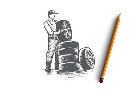 Car service concept. Hand drawn worker repairing car tire, auto parts service isolated vector illustration.のイラスト素材